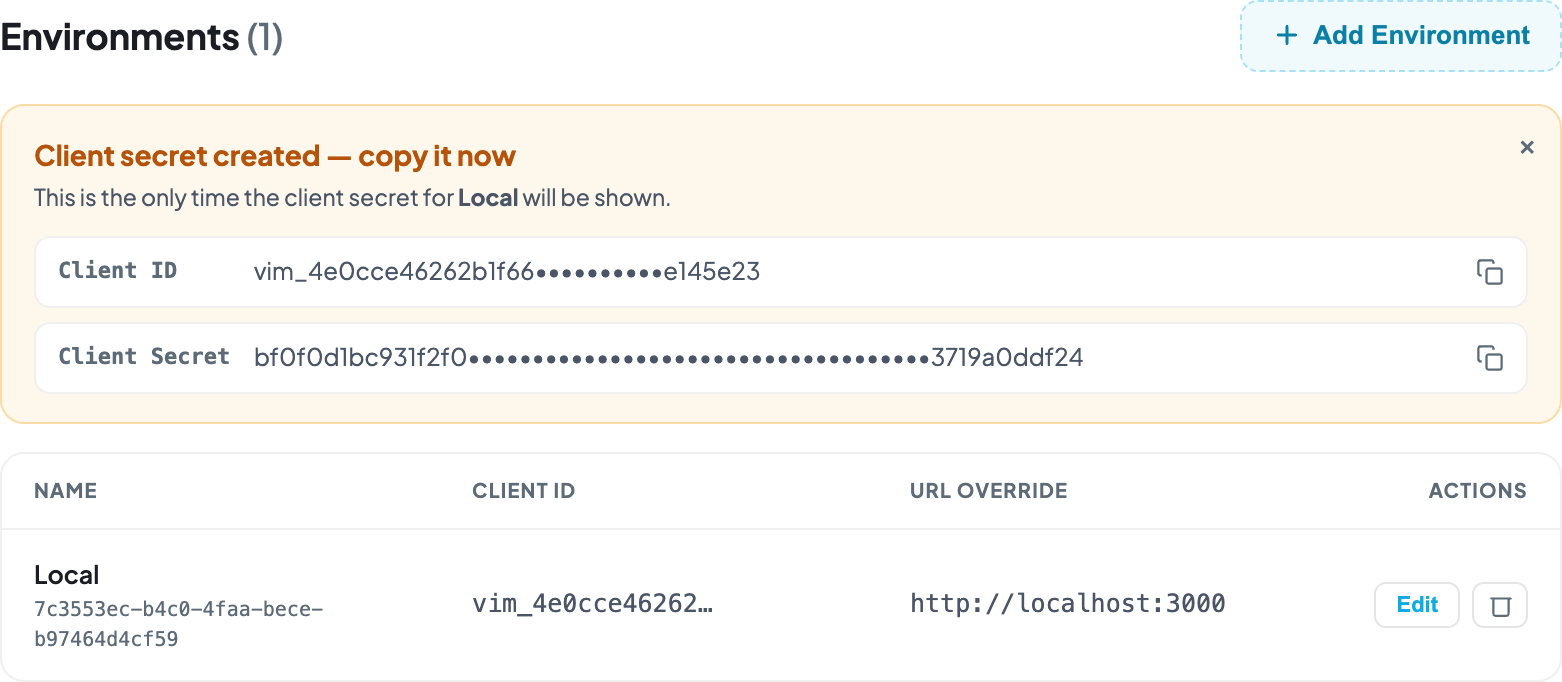 Manage → Environments: the one-time Client Secret reveal after creating an environment.