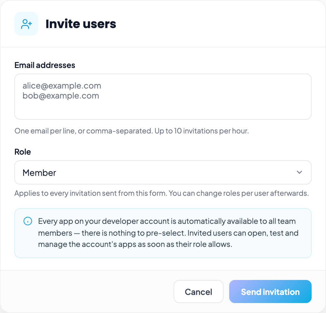 Invite users dialog in the Vim Console: email addresses, role selection, and optional app pre-selection.