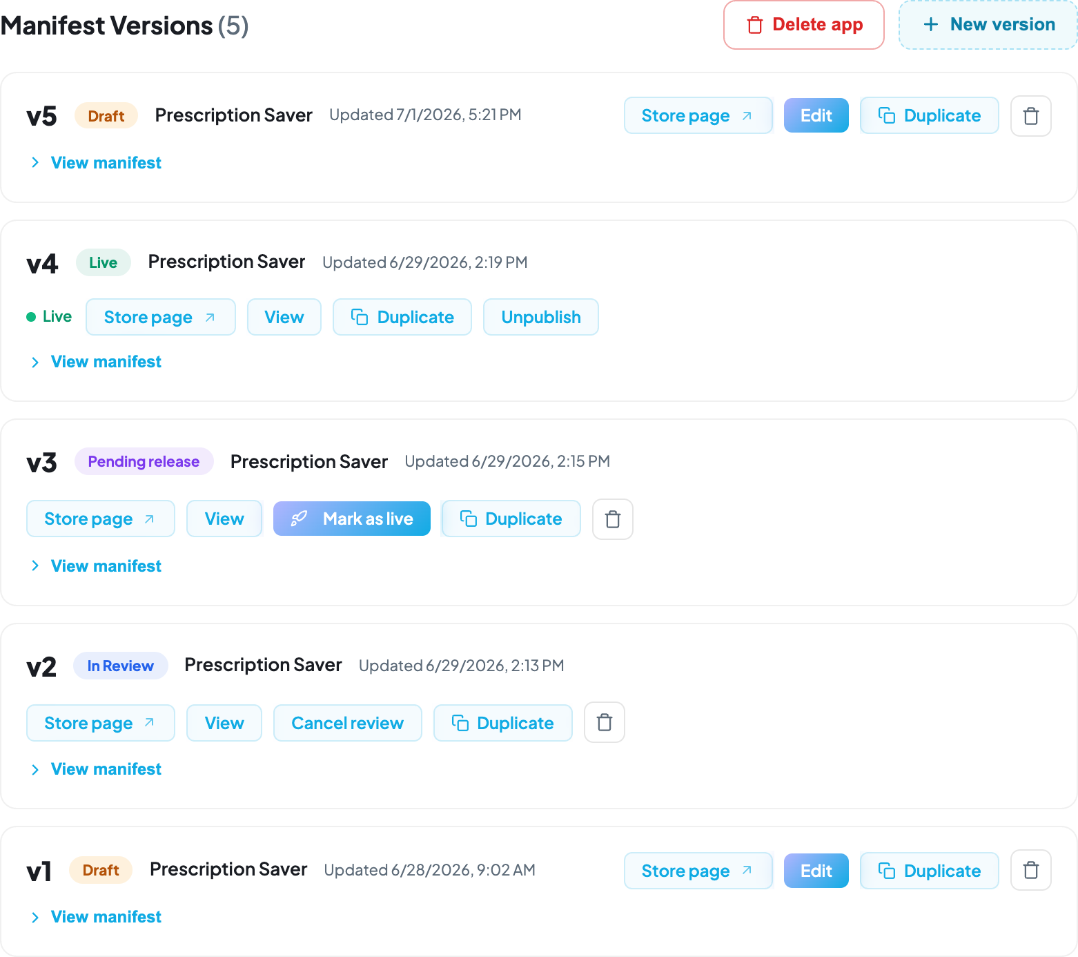 Manage Versions list, showing each version's status and its available row actions.