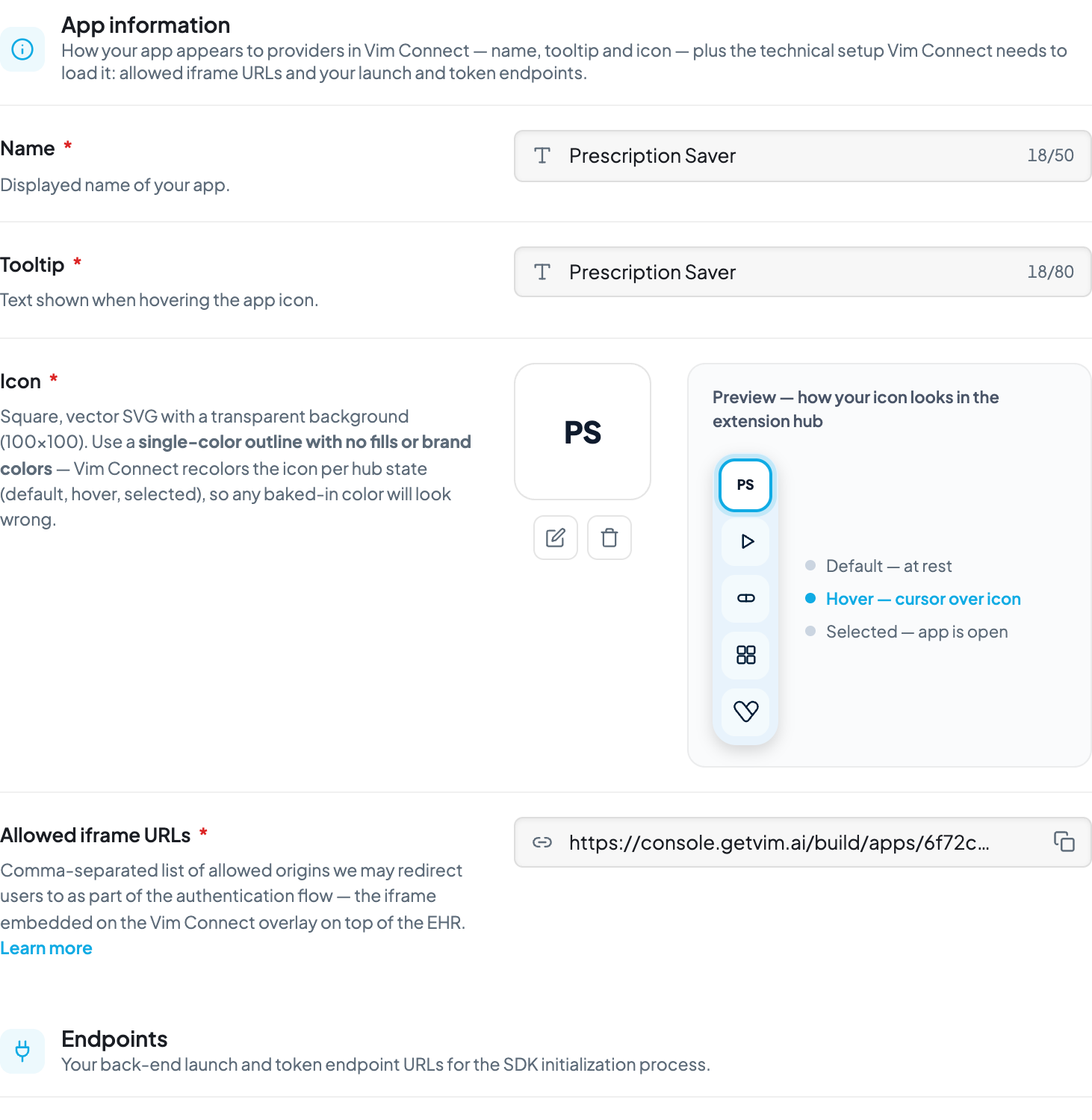 Manifest editor, Metadata tab, showing the app name, tooltip, icon, allowed iframe URLs, and endpoint fields.