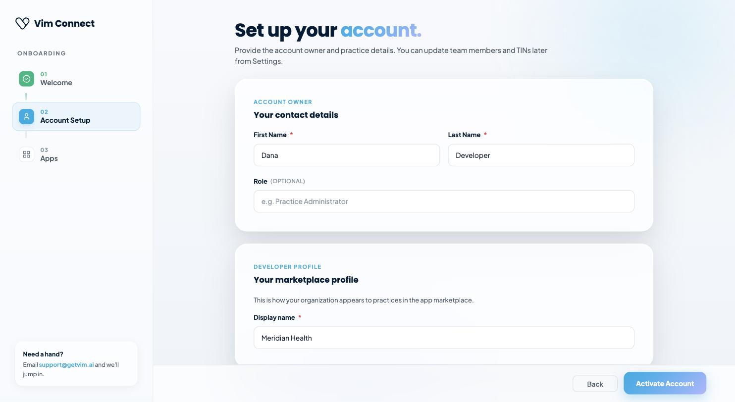 Account Setup step: account owner contact details and developer marketplace profile display name.