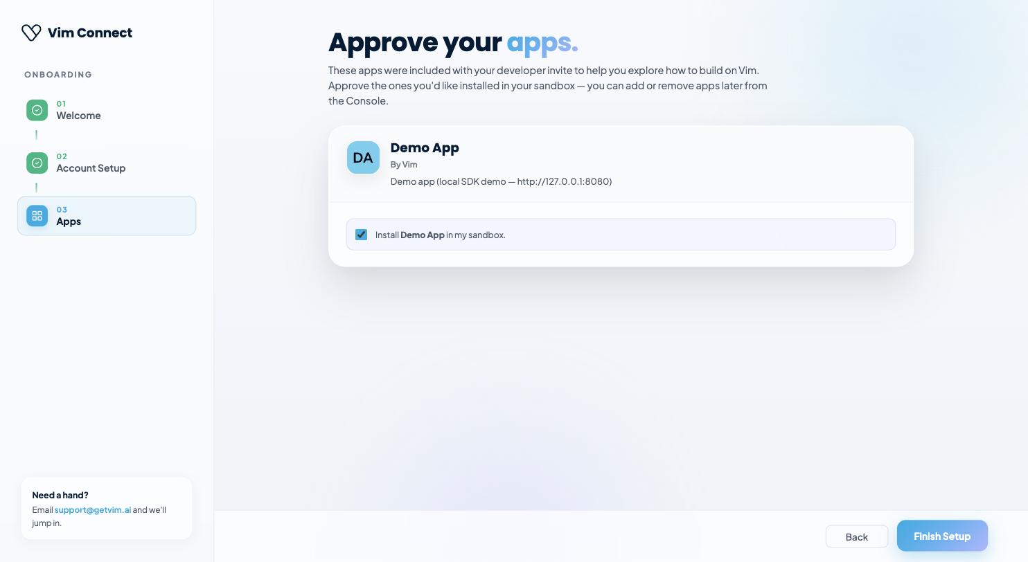 Approve your apps step: a pre-installed Demo App with a checkbox to install it in the developer's sandbox.