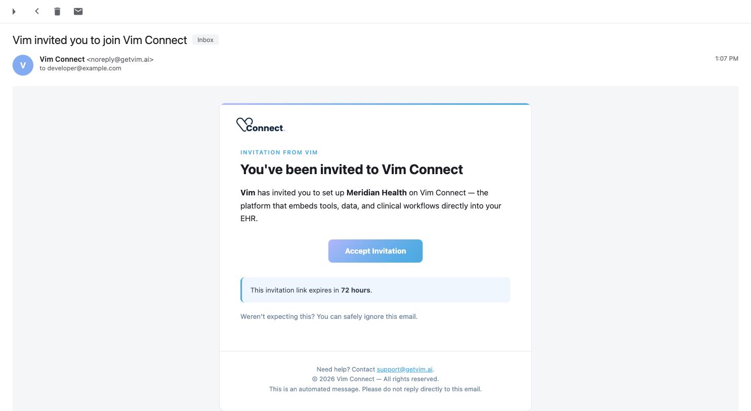 The Vim Connect invitation email: an eyebrow naming the inviter, a heading, an Accept Invitation button, and a note that the link expires in 72 hours.