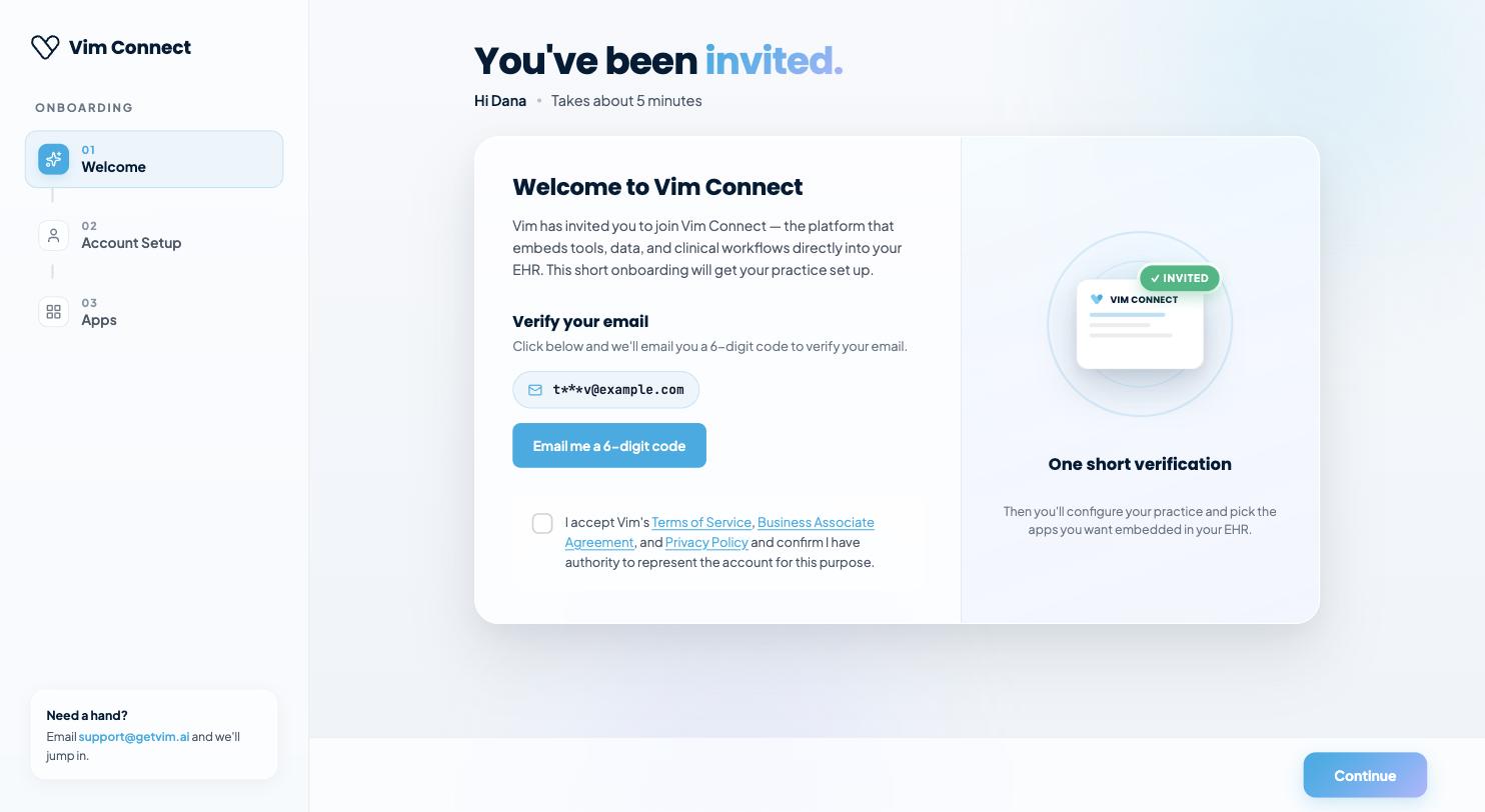 Welcome to Vim Connect step: email verification code entry and Terms of Service / BAA / Privacy Policy acceptance.