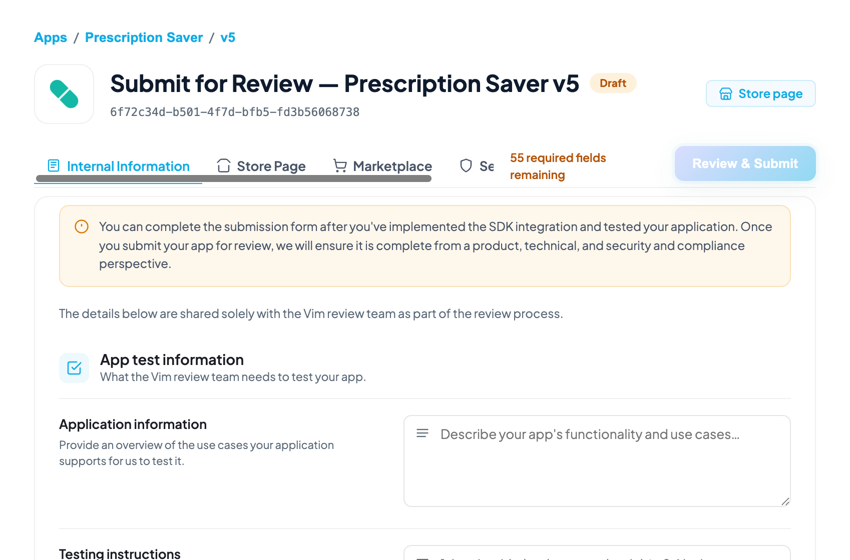 Submission form: the four section tabs (Internal, Store Page, Marketplace, Security) and the disabled Review & Submit button.